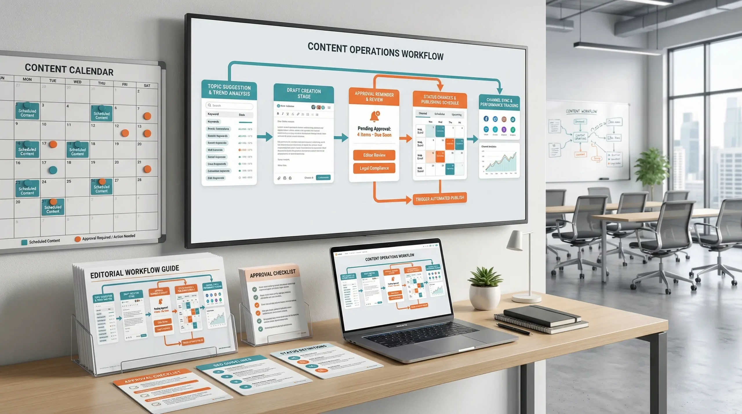 Hệ thống workflow nội dung kết nối từ lên chủ đề đến duyệt và đăng bài trong một luồng rõ ràng