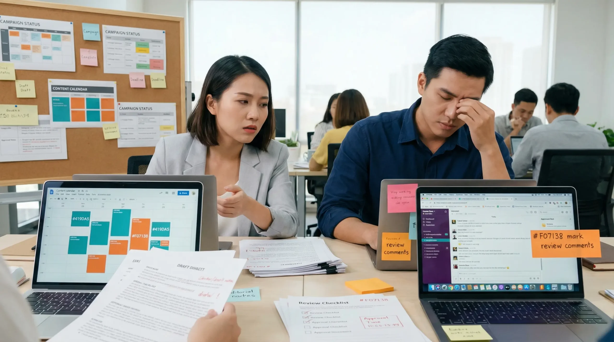 Hai nhân sự content xử lý quá nhiều bản nháp, lịch duyệt và trạng thái bài viết trong không gian làm việc mở