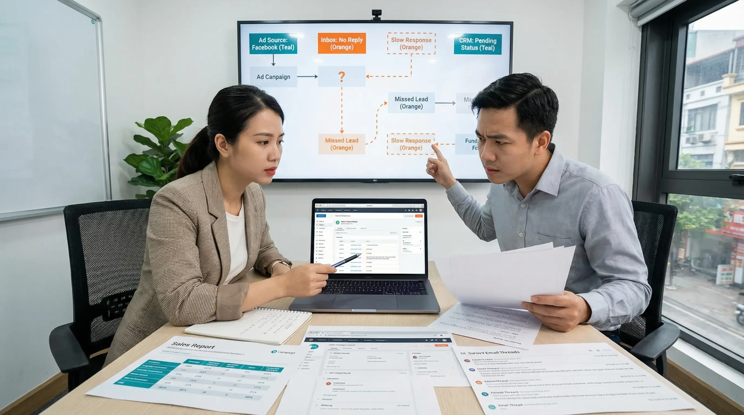 Hai nhân sự doanh nghiệp đối chiếu dữ liệu từ nhiều nguồn để tìm nguyên nhân lead bị bỏ sót