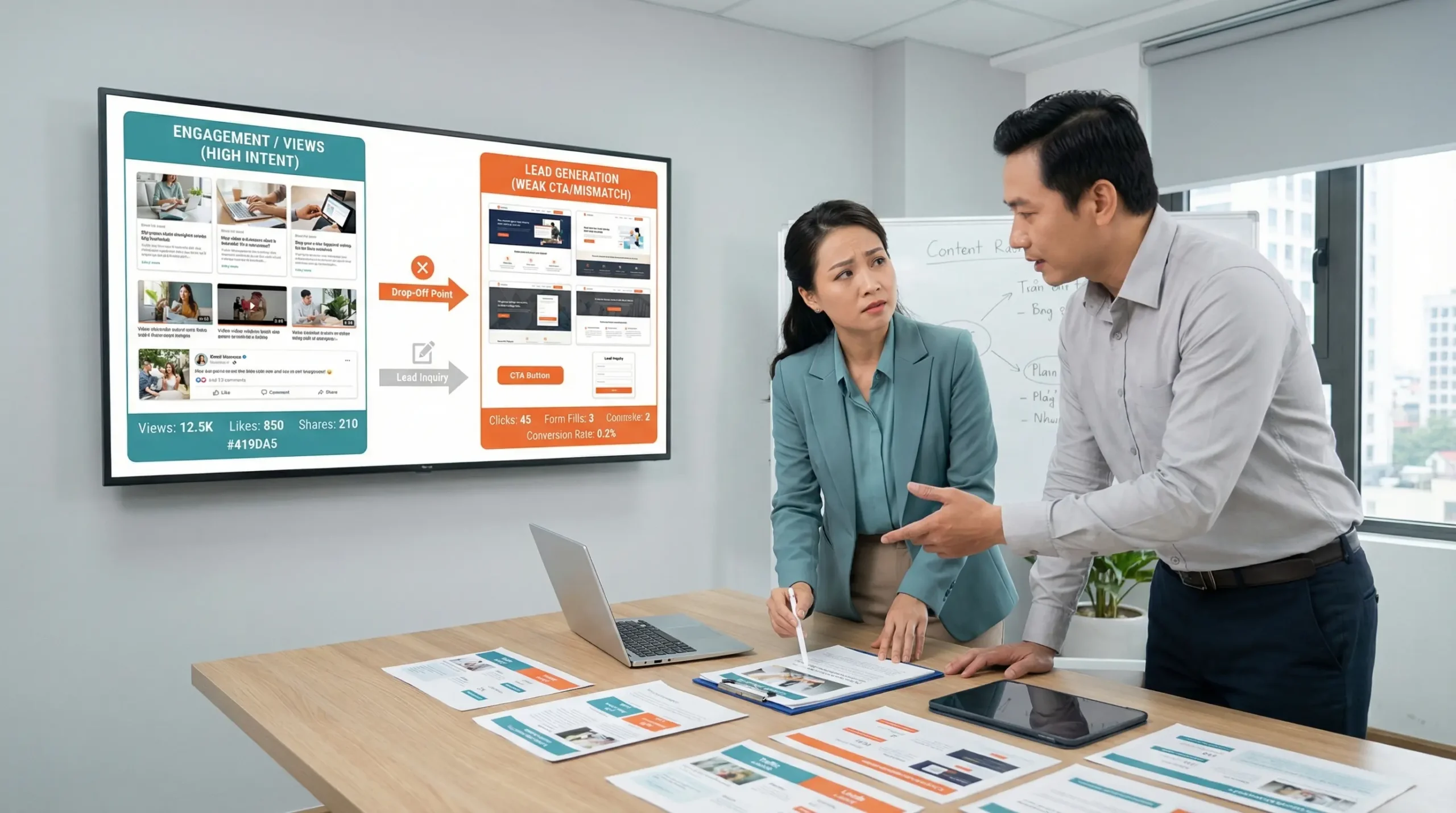 Hai nhân sự doanh nghiệp rà soát nội dung, intent và CTA để tìm lý do nội dung chưa tạo được lead