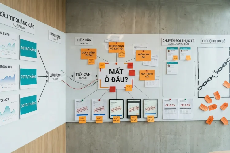Không gian vận hành hiển thị hành trình lead sau quảng cáo bị rò rỉ khiến ngân sách marketing bị lãng phí