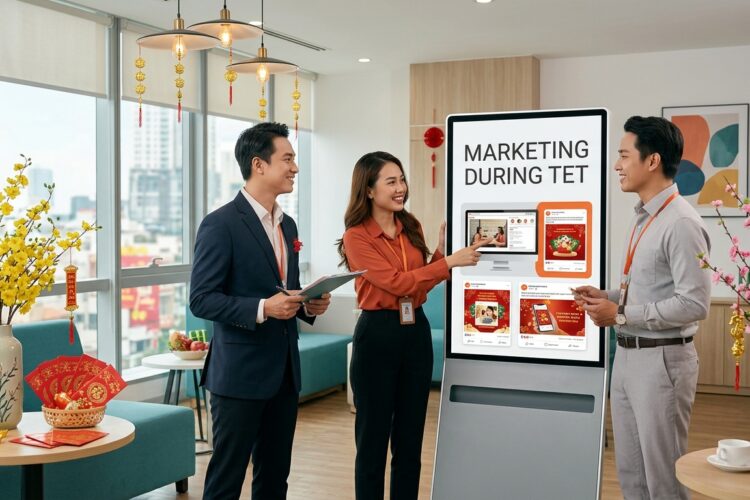 A business team continuing festive Tet marketing activities in a refined office setting with apricot and peach blossom decorations