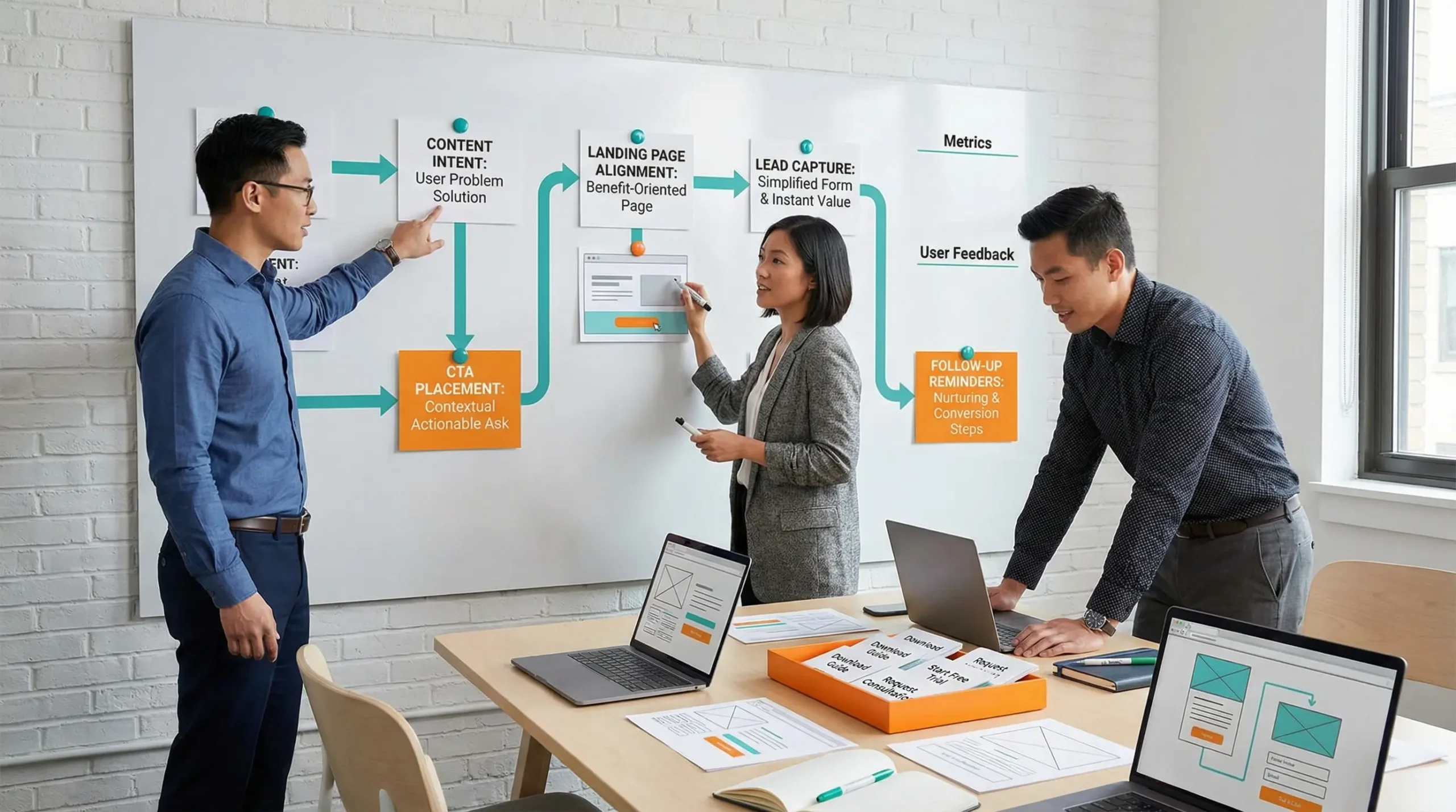 Ba nhân sự doanh nghiệp xây dựng lại luồng từ nội dung, CTA, landing page đến bước theo dõi lead