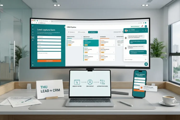 Không gian làm việc hiển thị website kết nối form thu lead, chatbot, CRM và automation trong một hệ thống