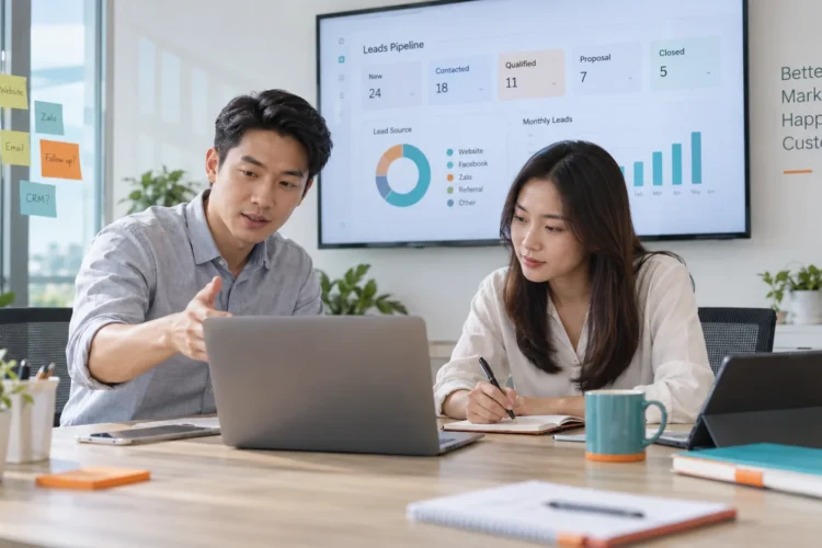 Hai nhân sự doanh nghiệp Việt Nam đang xem lại quy trình lead và marketing automation trên laptop