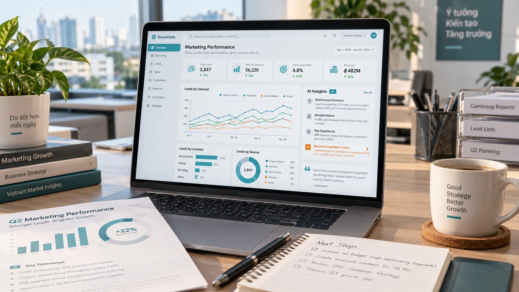 Dashboard marketing sử dụng AI để phân tích dữ liệu, phát hiện xu hướng và gợi ý hành động