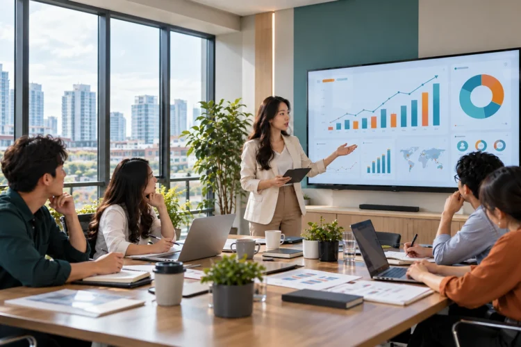 Đội ngũ marketing theo dõi báo cáo marketing tự động trên dashboard trong cuộc họp