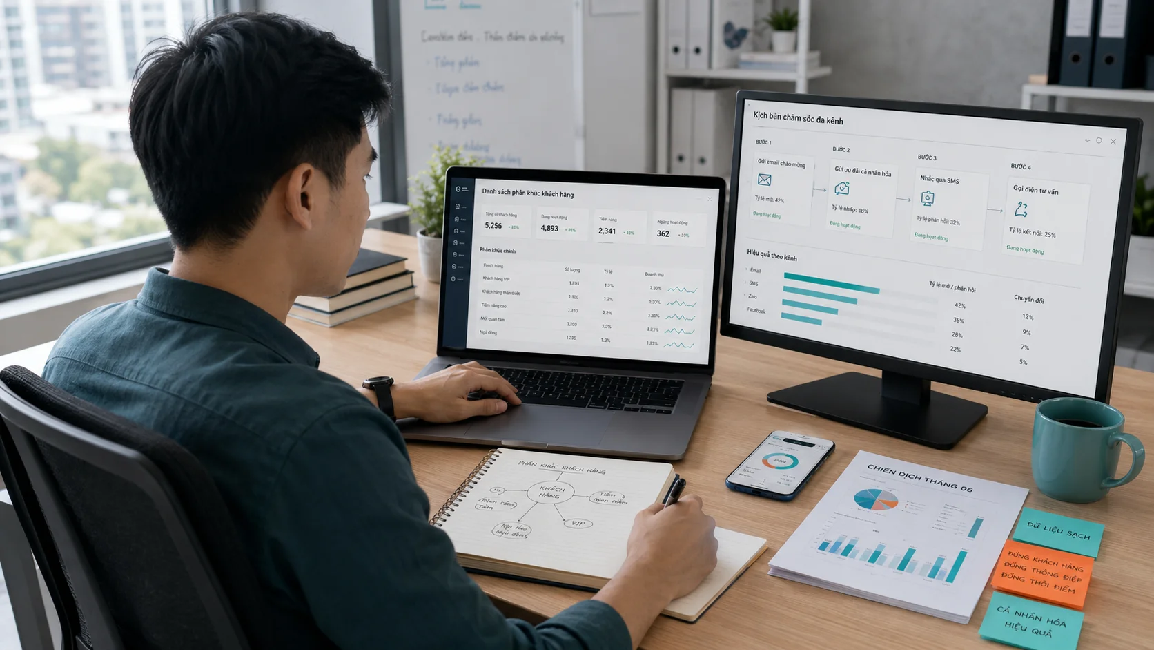 Nhân sự marketing phân tích phân khúc khách hàng và kịch bản chăm sóc đa kênh trên màn hình