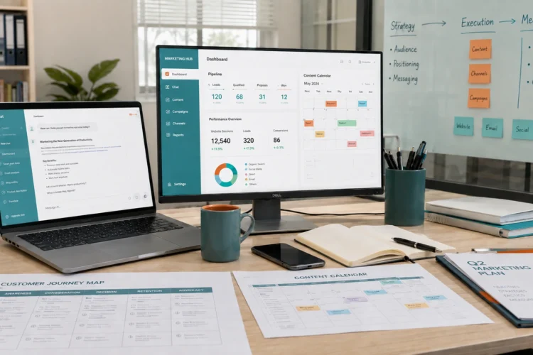 Không gian làm việc marketing hiện đại thể hiện sự chuyển từ công cụ AI đơn lẻ sang hệ thống marketing đồng bộ