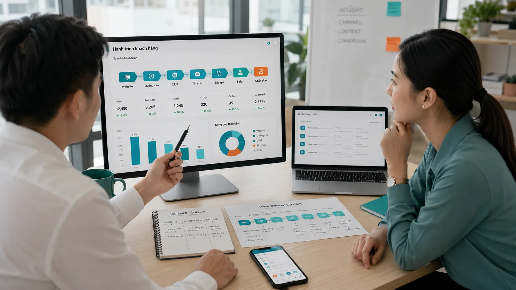 Đội ngũ doanh nghiệp đang phân tích hành trình khách hàng từ nhiều kênh marketing trên dashboard