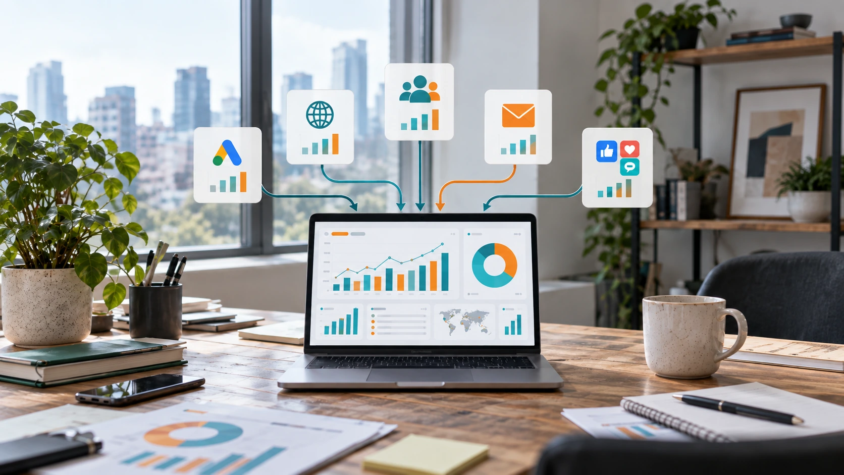Các nguồn dữ liệu marketing được kết nối vào một dashboard báo cáo tập trung