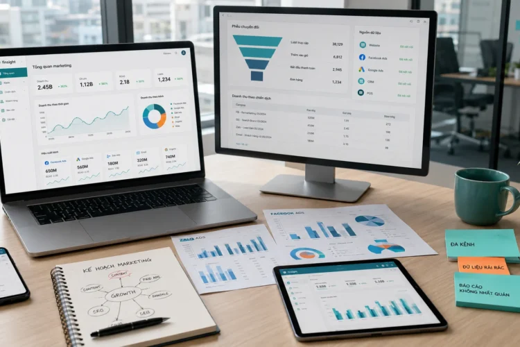 Dashboard marketing đa kênh hiển thị dữ liệu từ nhiều kênh trên cùng một màn hình