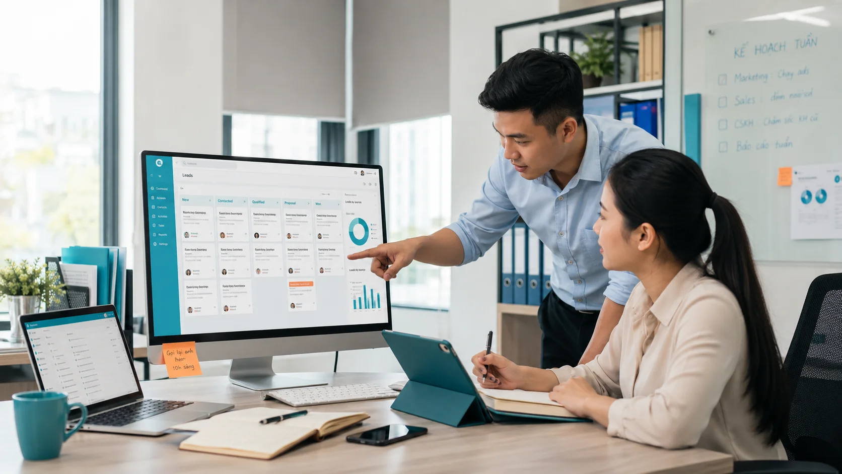 Nhóm sales và chăm sóc khách hàng theo dõi trạng thái lead trên phần mềm CRM doanh nghiệp
