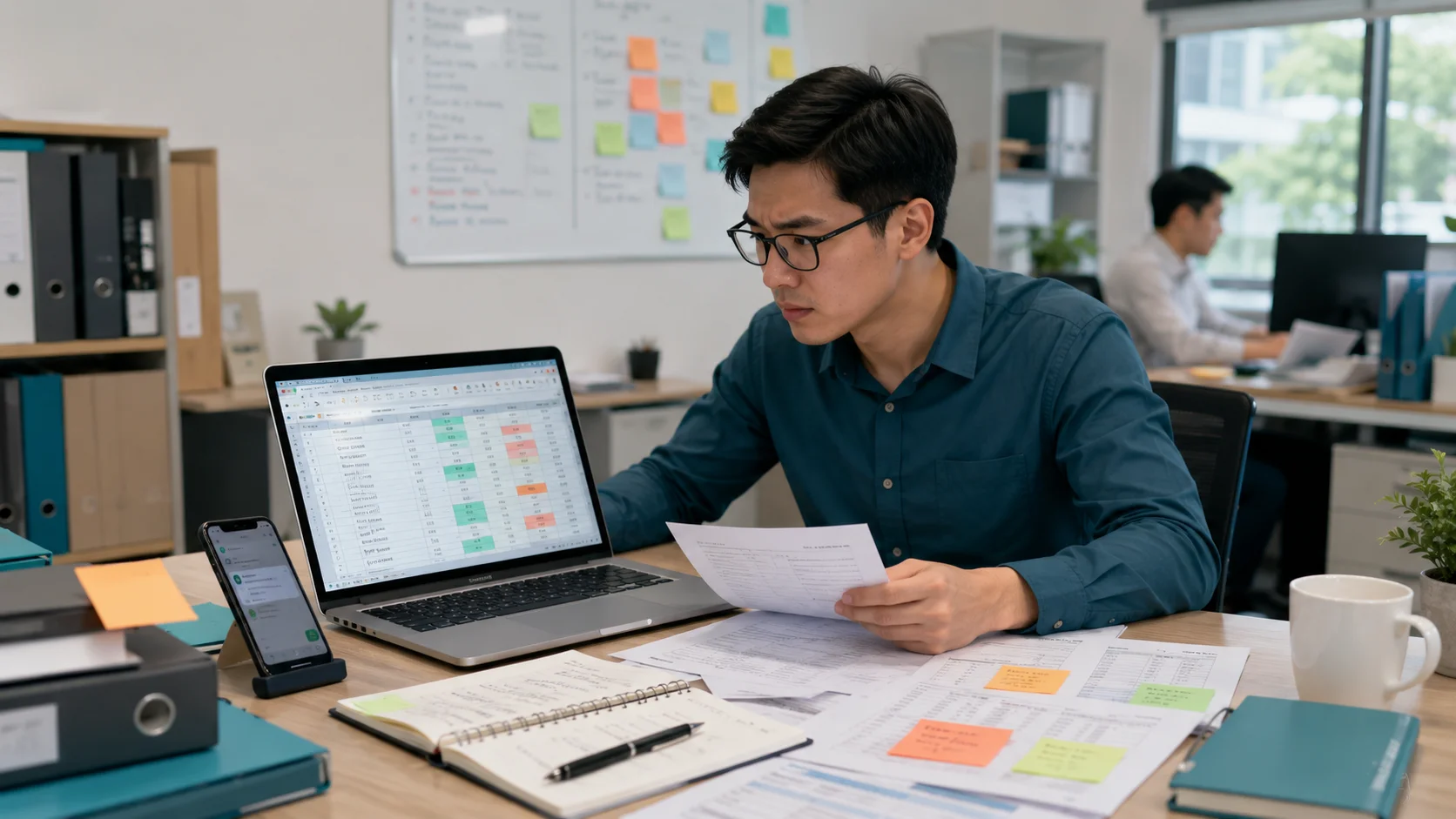 Nhân sự sales kiểm tra nhiều file lead và ghi chú chăm sóc khách hàng trên bàn làm việc