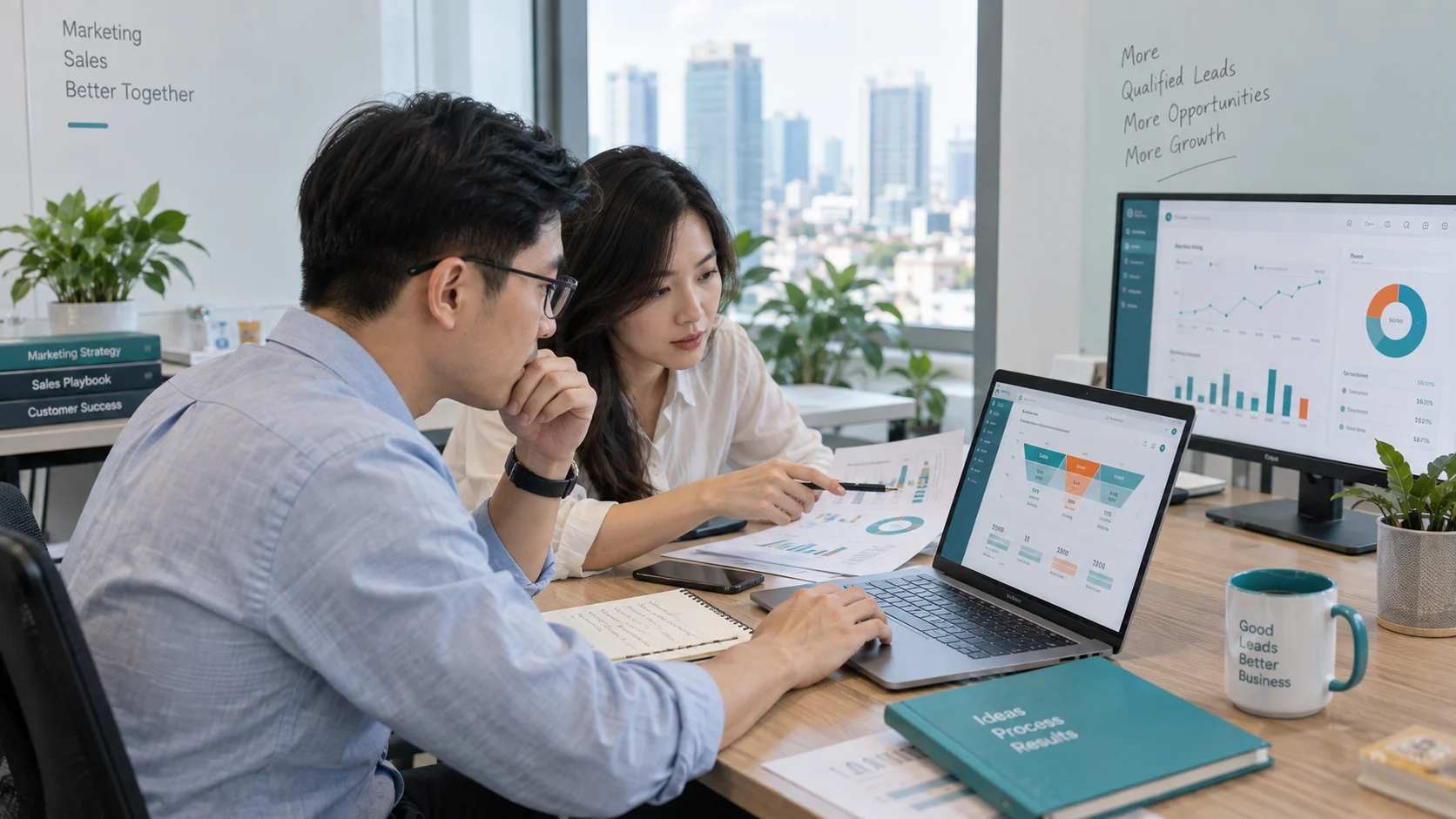 Nhân sự marketing và sales phân tích dữ liệu chuyển đổi trong hành trình khách hàng