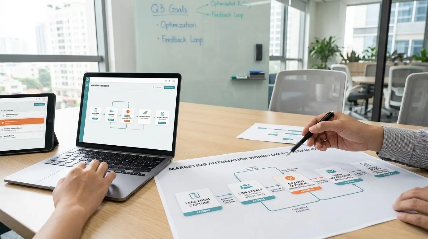 Workflow tự động hóa marketing kết nối form, CRM, duyệt nội dung và báo cáo định kỳ